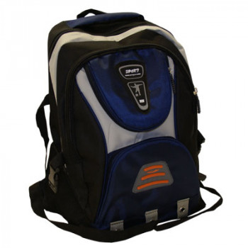 Blue Sport style rucksack, back pack with a number of zips storage compartments and night warning orange light reflector